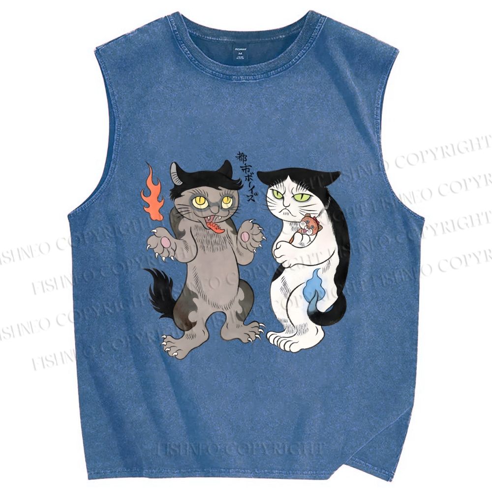 Unisex Ayako Ishiguro Japanese Cats Printed Washed Tank Top