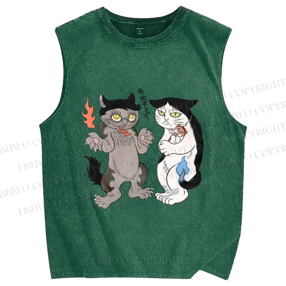 Unisex Ayako Ishiguro Japanese Cats Printed Washed Tank Top