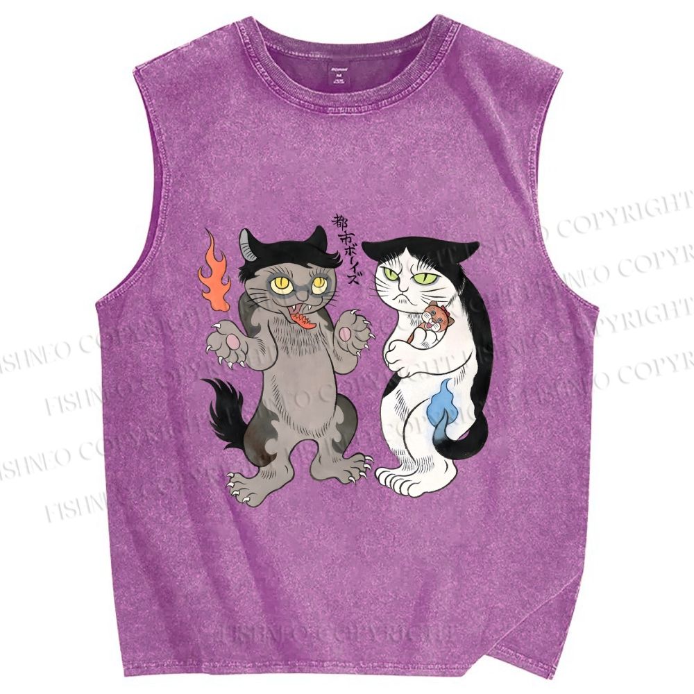 Unisex Ayako Ishiguro Japanese Cats Printed Washed Tank Top