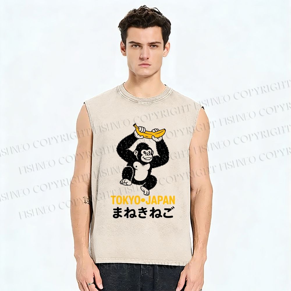 Unisex Tokyo Chimpanzees Holding Banana Printed Washed Tank Top
