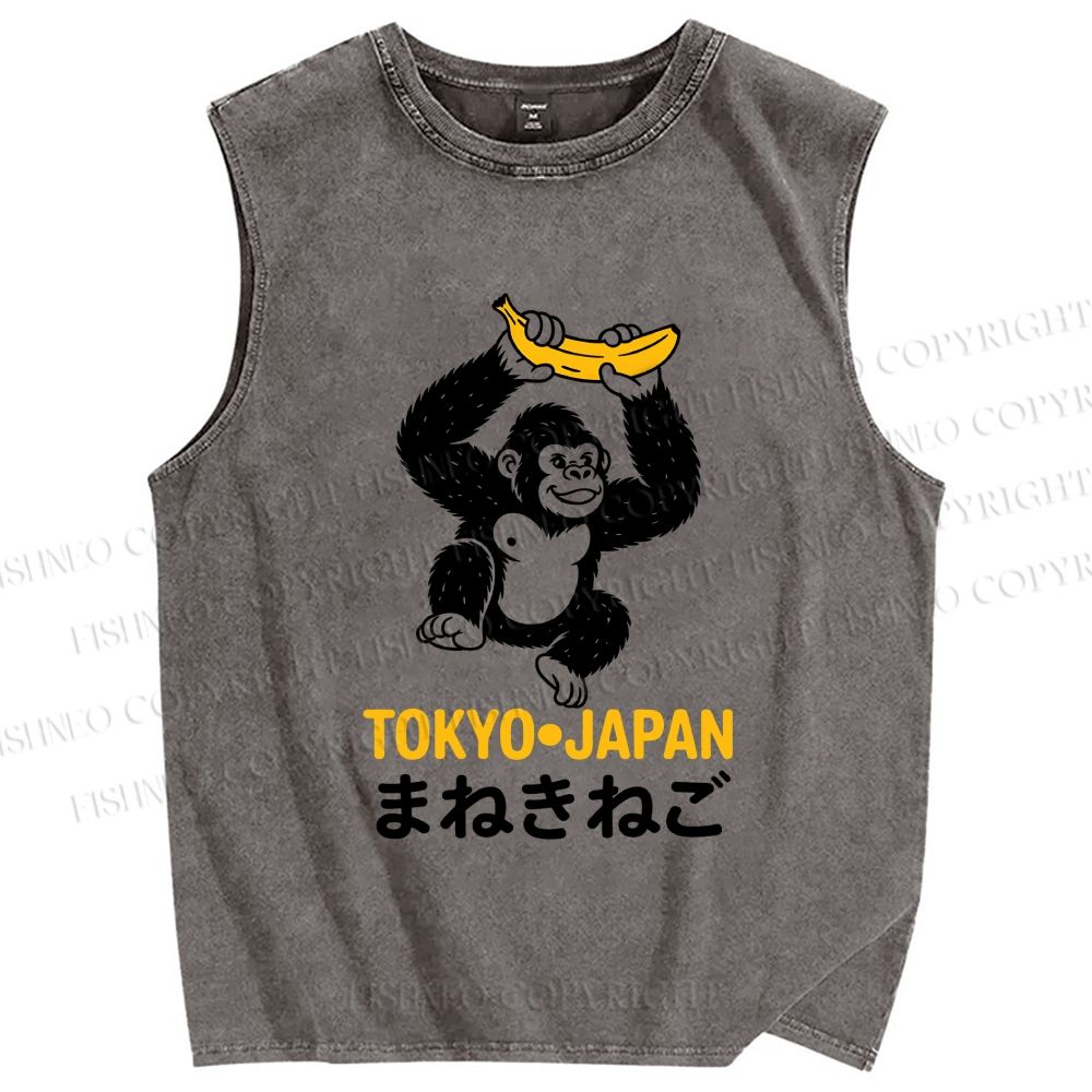 Unisex Tokyo Chimpanzees Holding Banana Printed Washed Tank Top