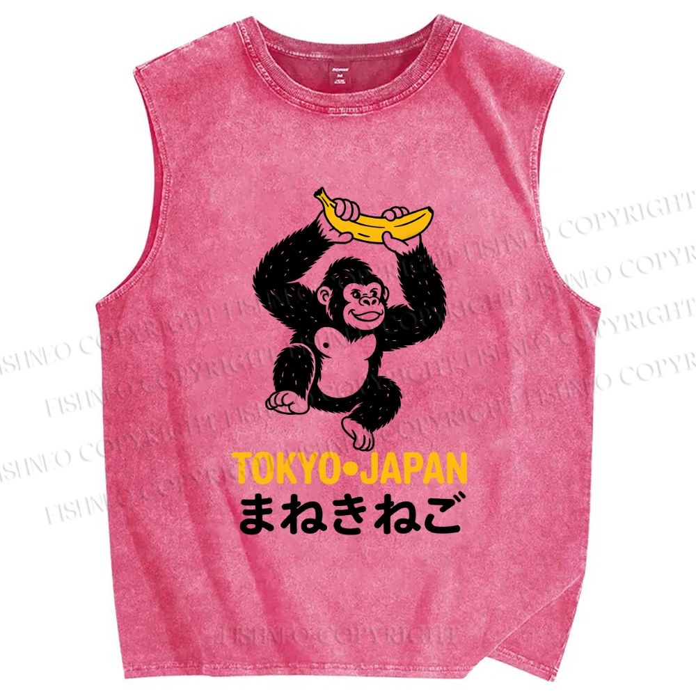 Unisex Tokyo Chimpanzees Holding Banana Printed Washed Tank Top