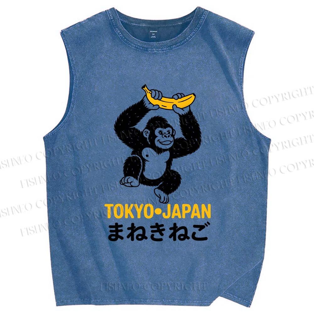 Unisex Tokyo Chimpanzees Holding Banana Printed Washed Tank Top