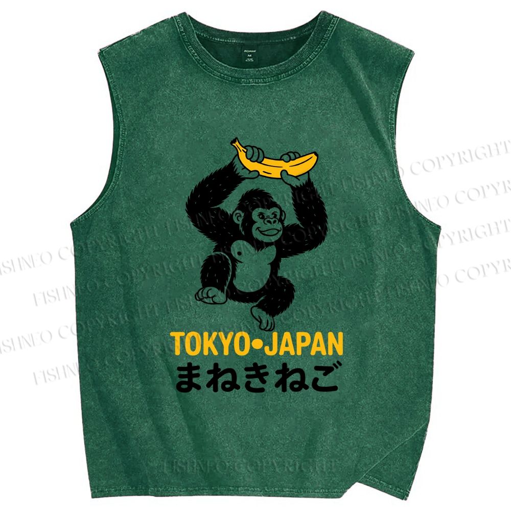Unisex Tokyo Chimpanzees Holding Banana Printed Washed Tank Top
