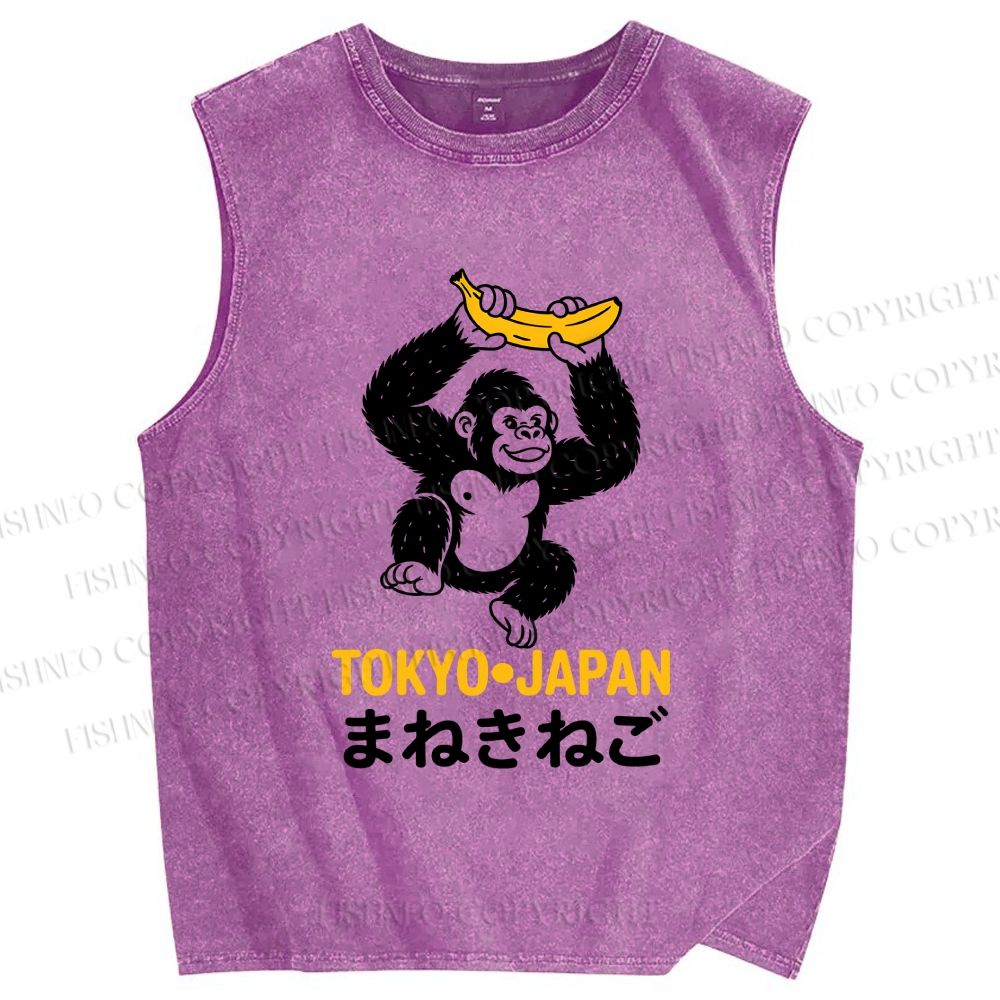 Unisex Tokyo Chimpanzees Holding Banana Printed Washed Tank Top