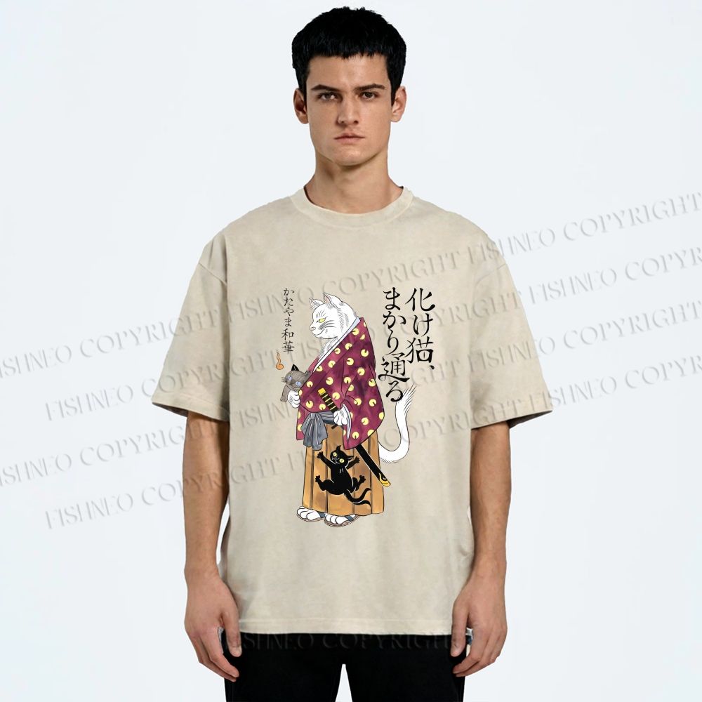 Unisex Ayako Ishiguro Japanese Samurai Cat Printed Washed Tee