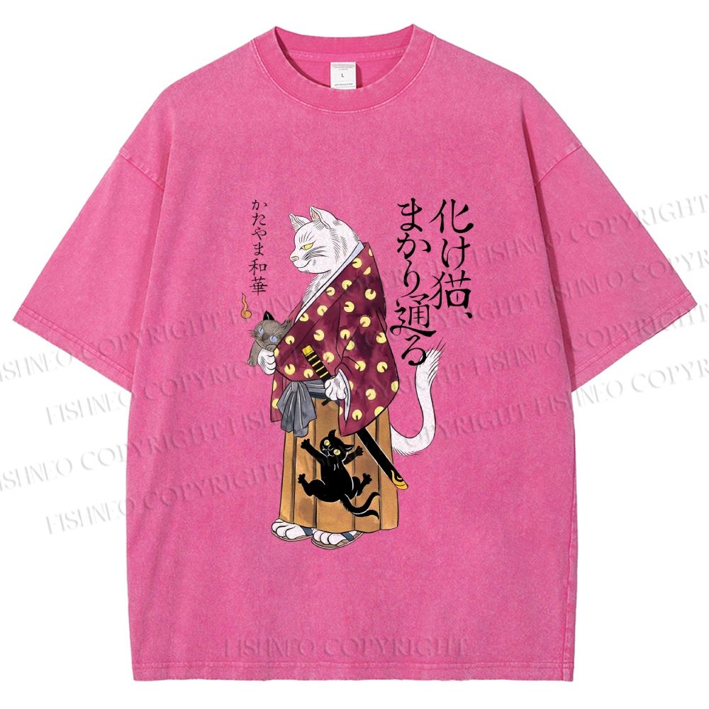 Unisex Ayako Ishiguro Japanese Samurai Cat Printed Washed Tee