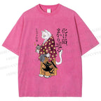 Unisex Ayako Ishiguro Japanese Samurai Cat Printed Washed Tee