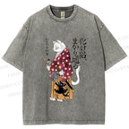 Unisex Ayako Ishiguro Japanese Samurai Cat Printed Washed Tee