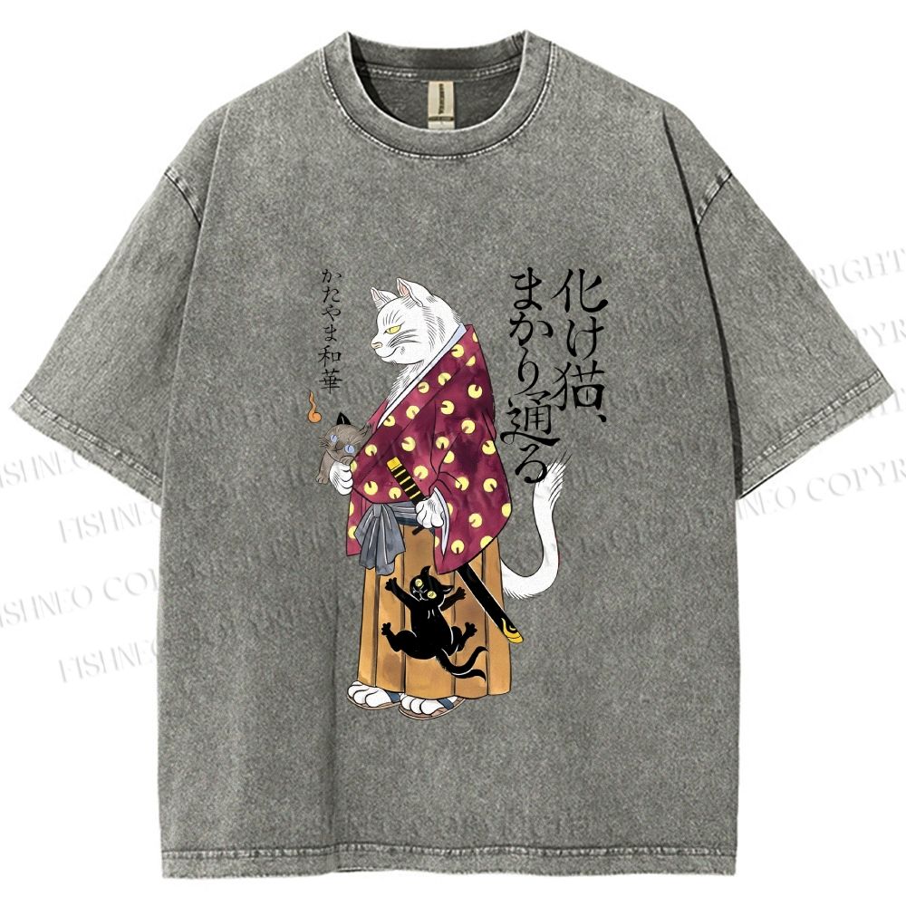 Unisex Ayako Ishiguro Japanese Samurai Cat Printed Washed Tee