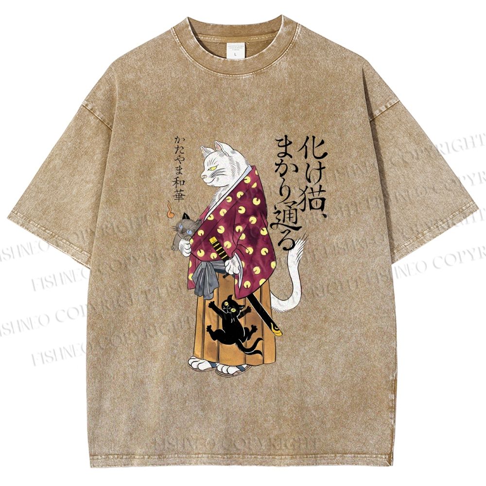 Unisex Ayako Ishiguro Japanese Samurai Cat Printed Washed Tee