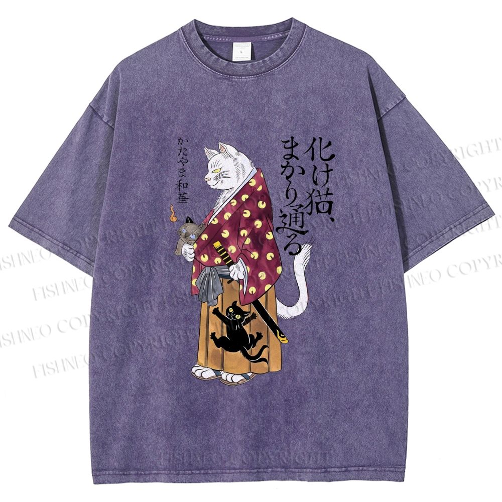 Unisex Ayako Ishiguro Japanese Samurai Cat Printed Washed Tee