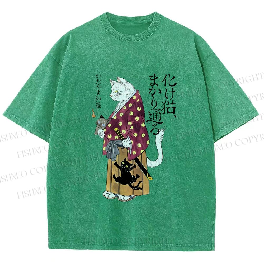 Unisex Ayako Ishiguro Japanese Samurai Cat Printed Washed Tee