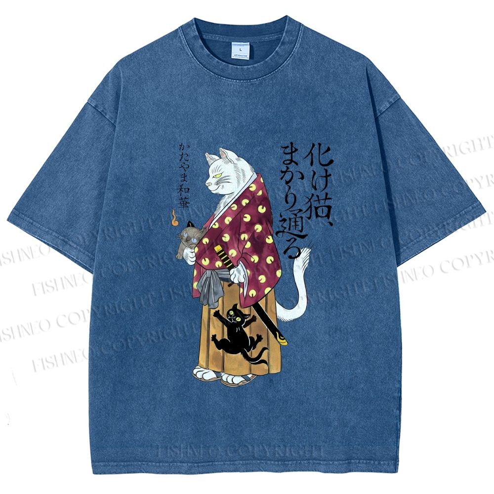 Unisex Ayako Ishiguro Japanese Samurai Cat Printed Washed Tee