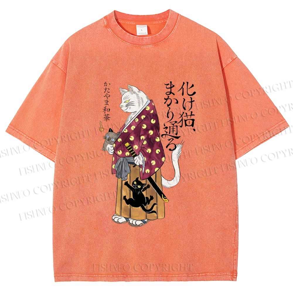 Unisex Ayako Ishiguro Japanese Samurai Cat Printed Washed Tee