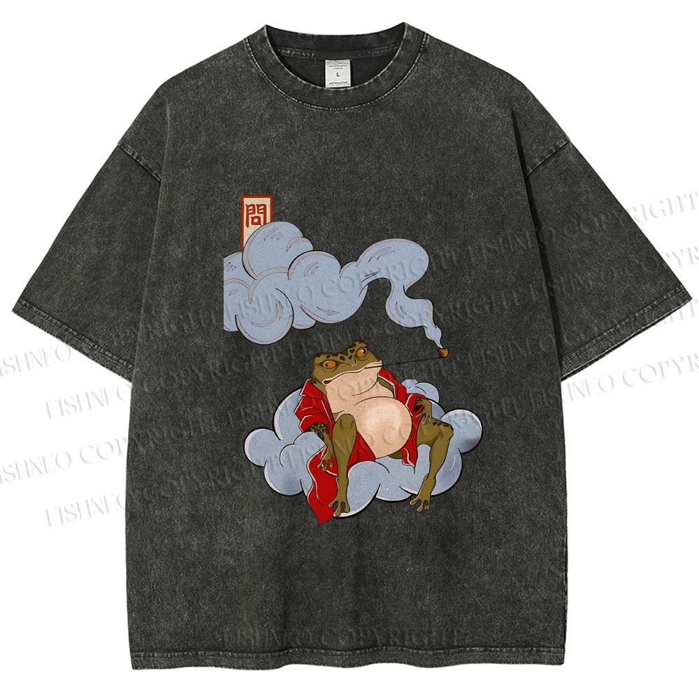 Unisex Japanese Frog Relaxing in Clouds Printed Washed Tee