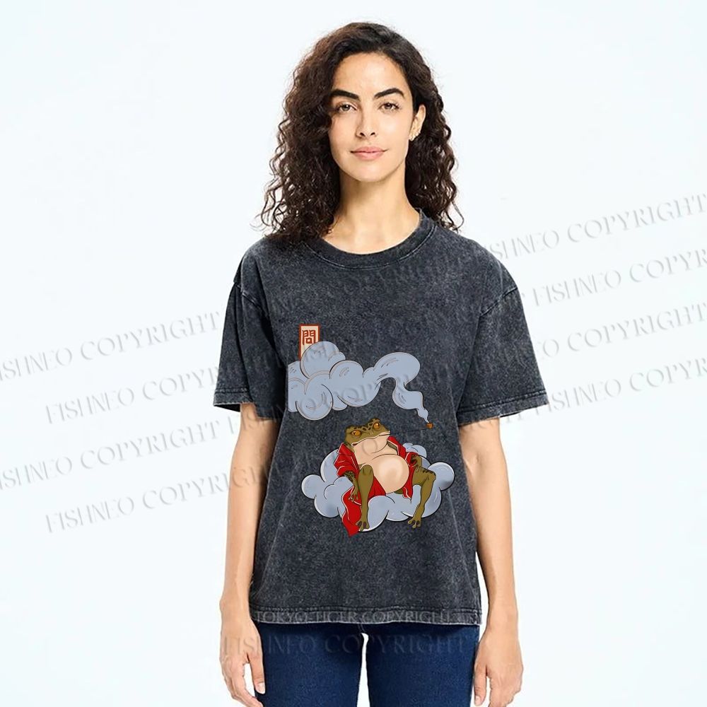 Unisex Japanese Frog Relaxing in Clouds Printed Washed Tee