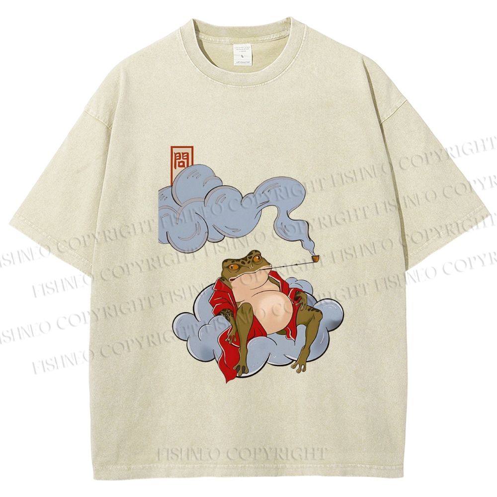 Unisex Japanese Frog Relaxing in Clouds Printed Washed Tee