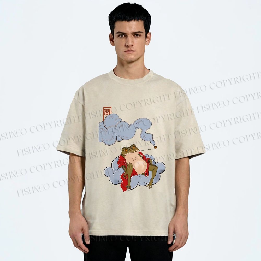Unisex Japanese Frog Relaxing in Clouds Printed Washed Tee