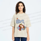 Unisex Japanese Frog Relaxing in Clouds Printed Washed Tee