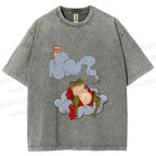 Unisex Japanese Frog Relaxing in Clouds Printed Washed Tee