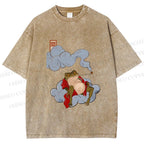 Unisex Japanese Frog Relaxing in Clouds Printed Washed Tee