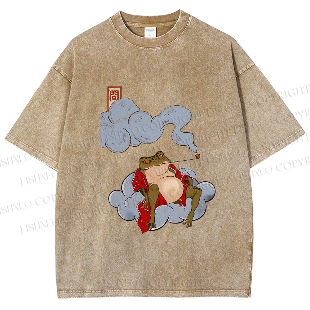 Unisex Japanese Frog Relaxing in Clouds Printed Washed Tee