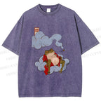 Unisex Japanese Frog Relaxing in Clouds Printed Washed Tee