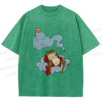 Unisex Japanese Frog Relaxing in Clouds Printed Washed Tee