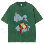 Unisex Japanese Frog Relaxing in Clouds Printed Washed Tee