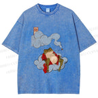 Unisex Japanese Frog Relaxing in Clouds Printed Washed Tee