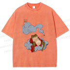 Unisex Japanese Frog Relaxing in Clouds Printed Washed Tee