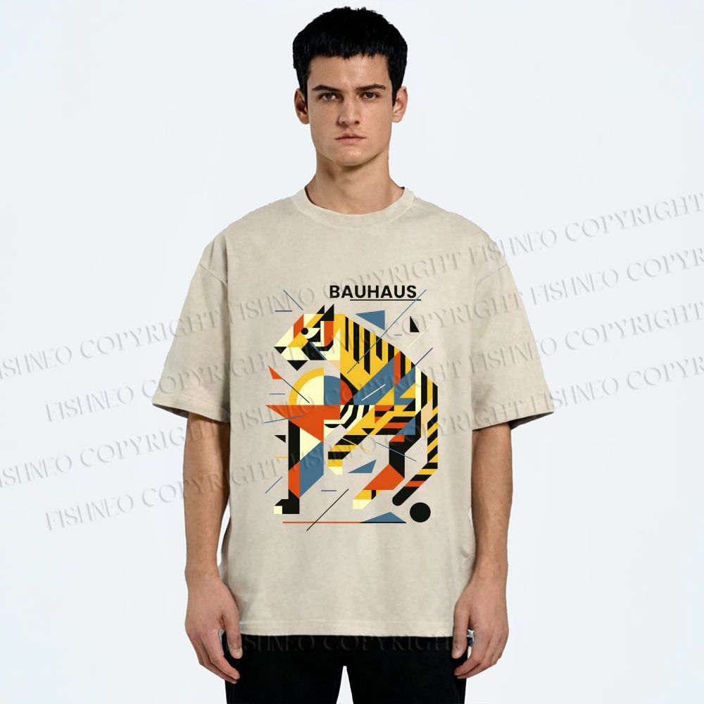 Unisex Bauhaus Design Tiger Printed Washed Tee