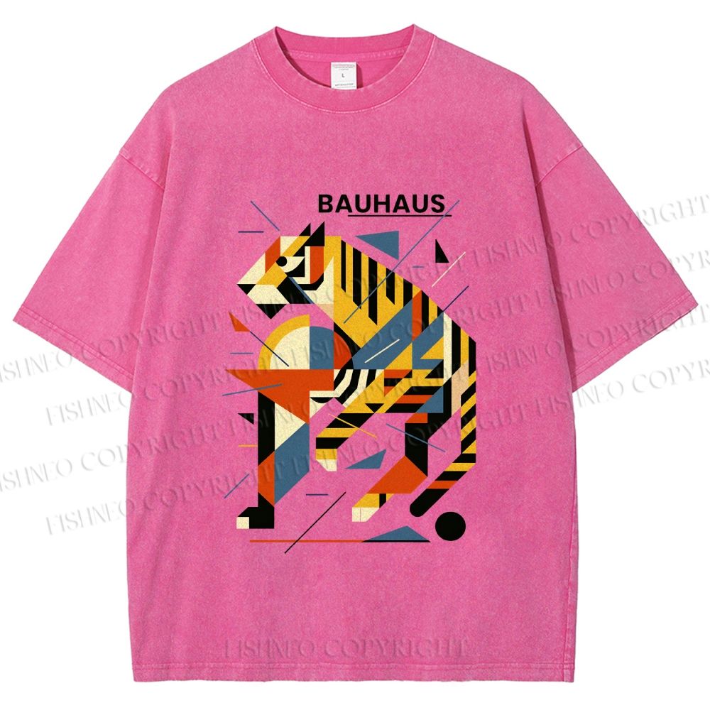 Unisex Bauhaus Design Tiger Printed Washed Tee