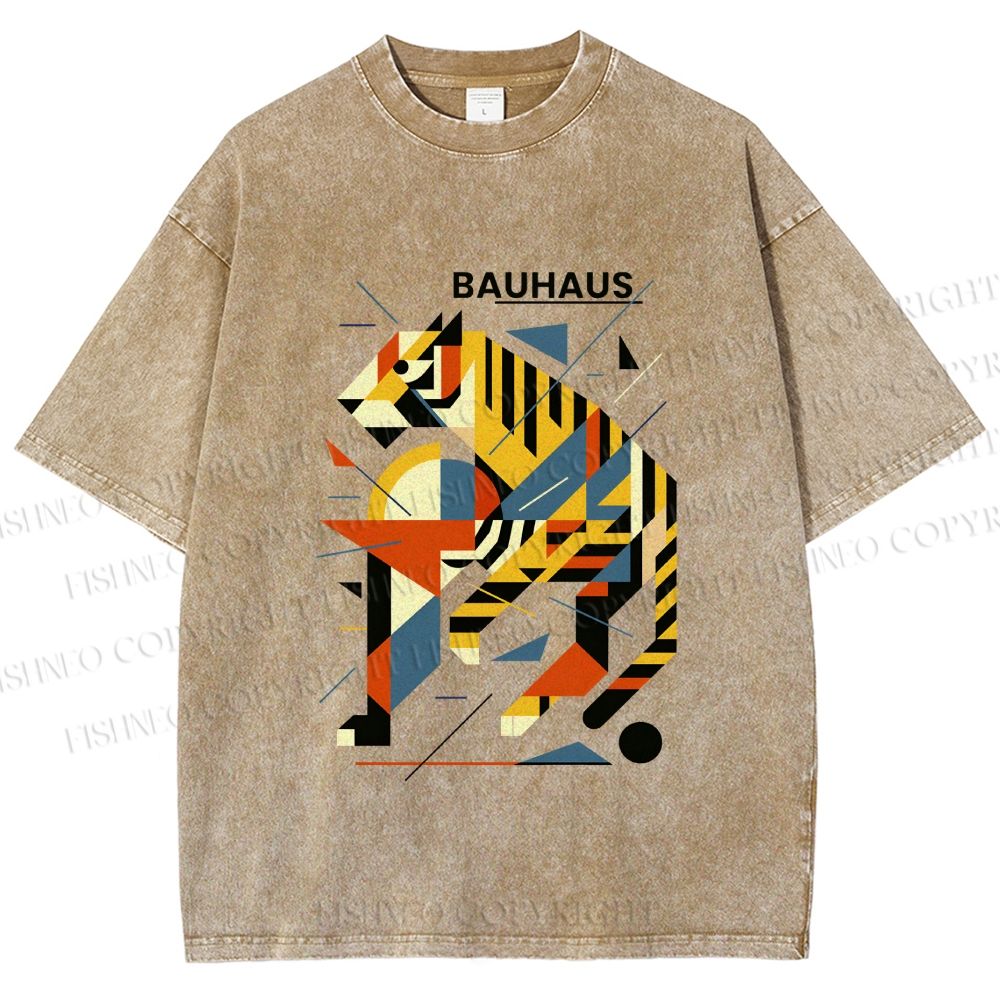 Unisex Bauhaus Design Tiger Printed Washed Tee
