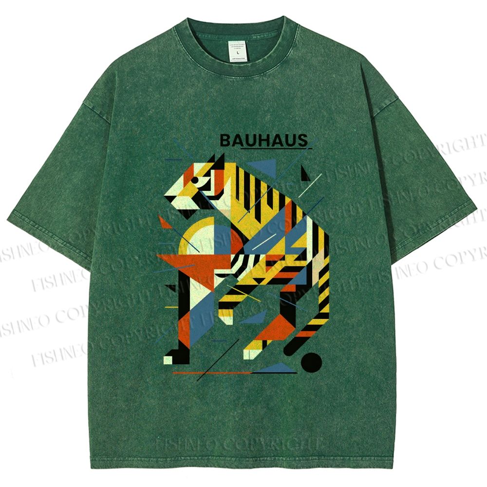 Unisex Bauhaus Design Tiger Printed Washed Tee