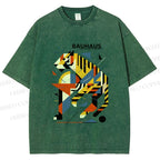 Unisex Bauhaus Design Tiger Printed Washed Tee