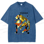 Unisex Bauhaus Design Tiger Printed Washed Tee