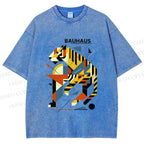 Unisex Bauhaus Design Tiger Printed Washed Tee