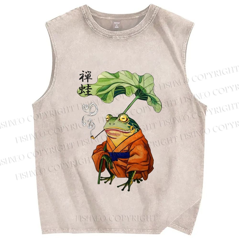 Unisex Japanese Vintage Frog Smoking Printed Washed Tank Top