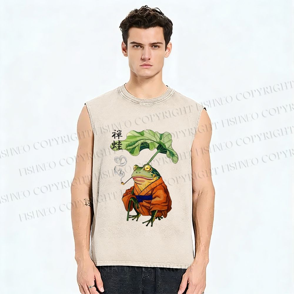 Unisex Japanese Vintage Frog Smoking Printed Washed Tank Top