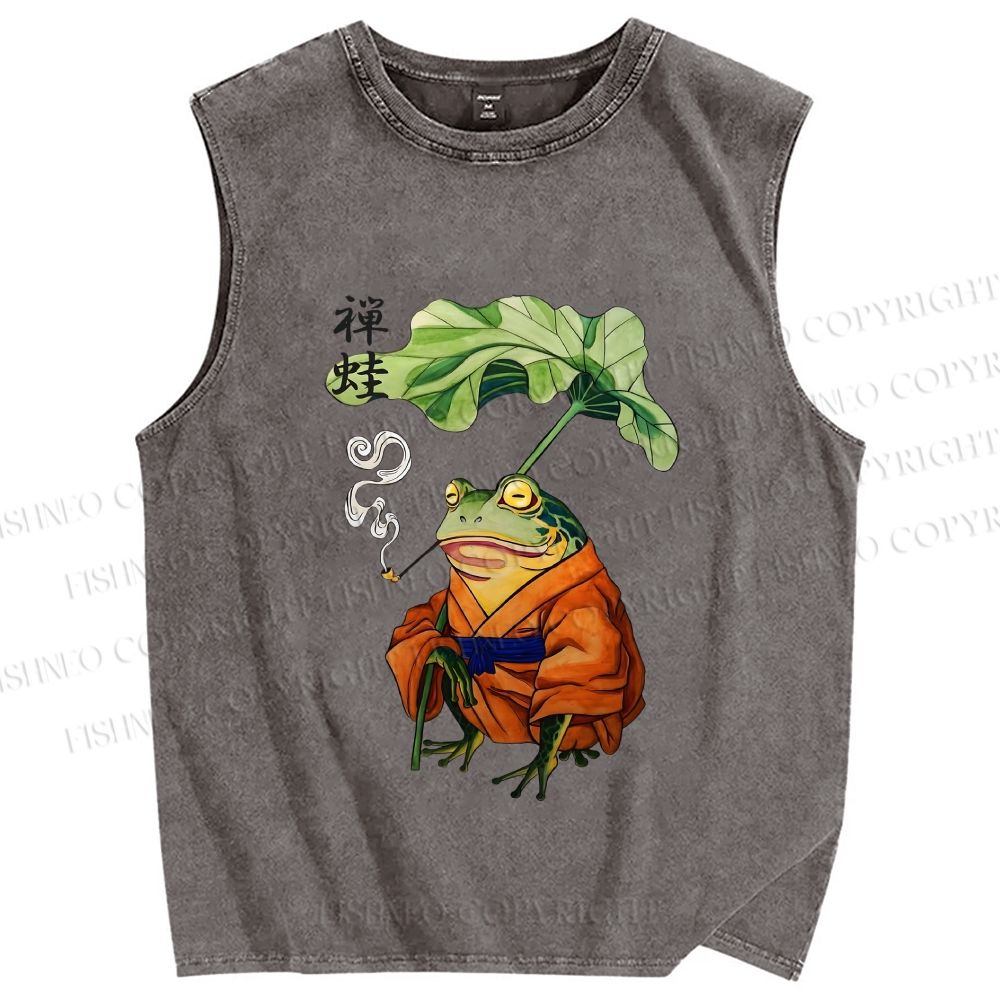 Unisex Japanese Vintage Frog Smoking Printed Washed Tank Top