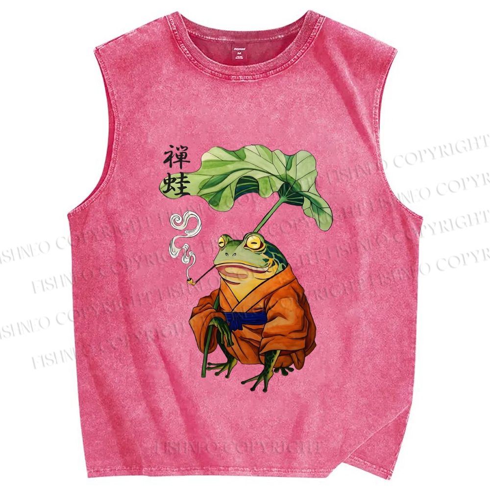 Unisex Japanese Vintage Frog Smoking Printed Washed Tank Top