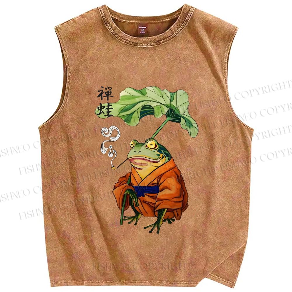 Unisex Japanese Vintage Frog Smoking Printed Washed Tank Top