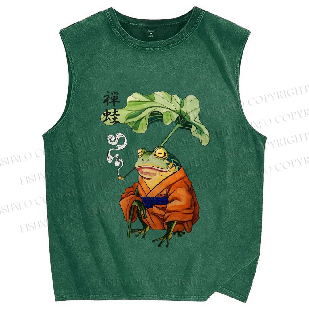 Unisex Japanese Vintage Frog Smoking Printed Washed Tank Top