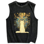 Unisex Printed Washed Meditating Sun Cat Tank Top