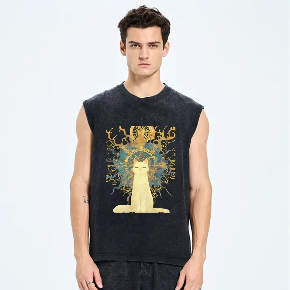 Unisex Printed Washed Meditating Sun Cat Tank Top
