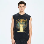 Unisex Printed Washed Meditating Sun Cat Tank Top