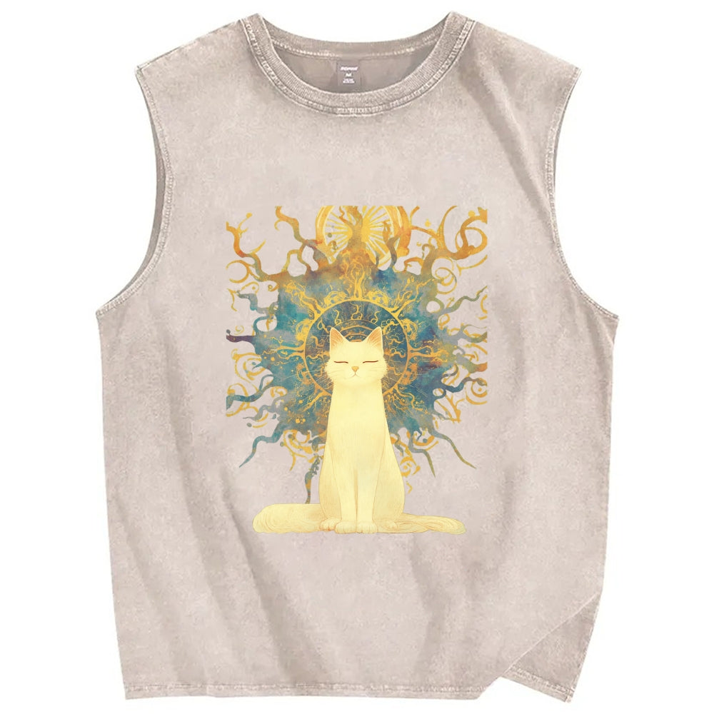 Unisex Printed Washed Meditating Sun Cat Tank Top