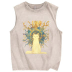 Unisex Printed Washed Meditating Sun Cat Tank Top